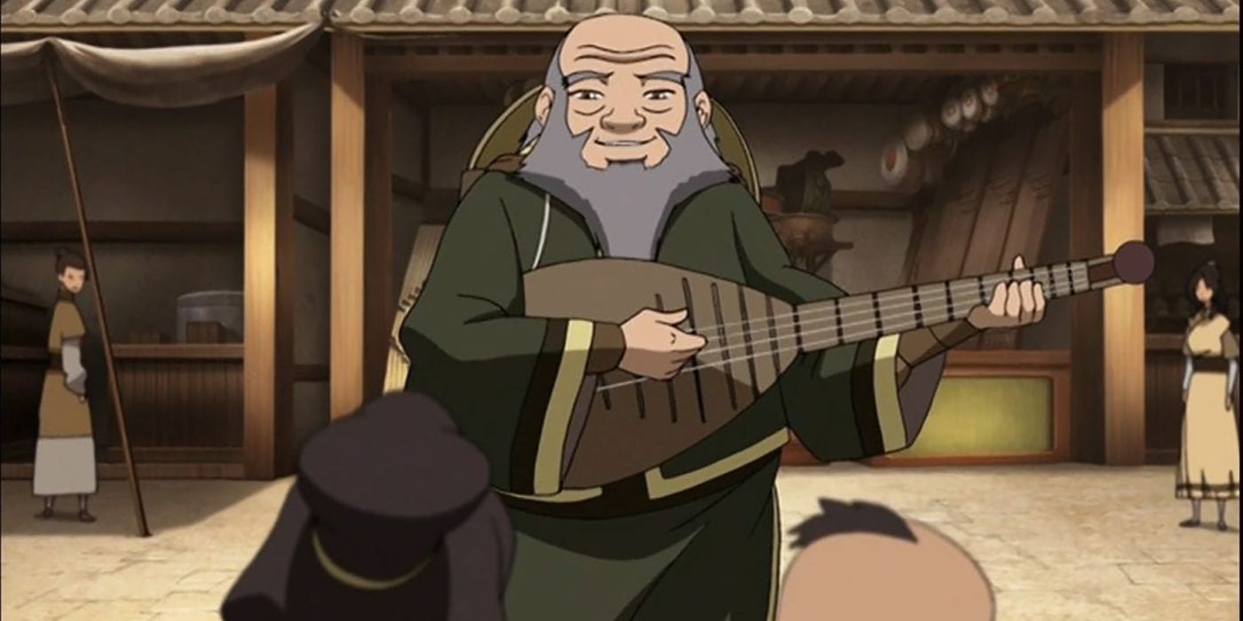 Uncle Iroh in Avatar playing a mandolin-like instrument. 