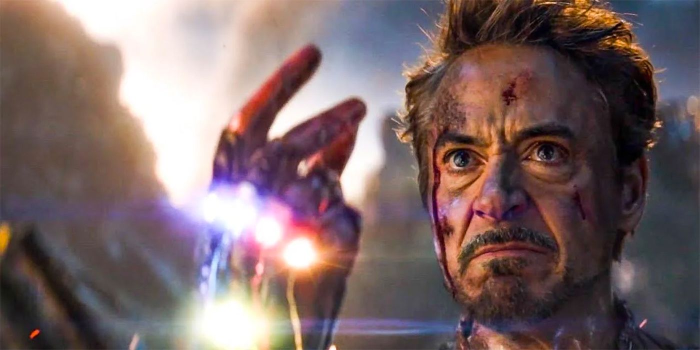 Tony Stark clicks his fingers wearing an Infinity Gauntlet