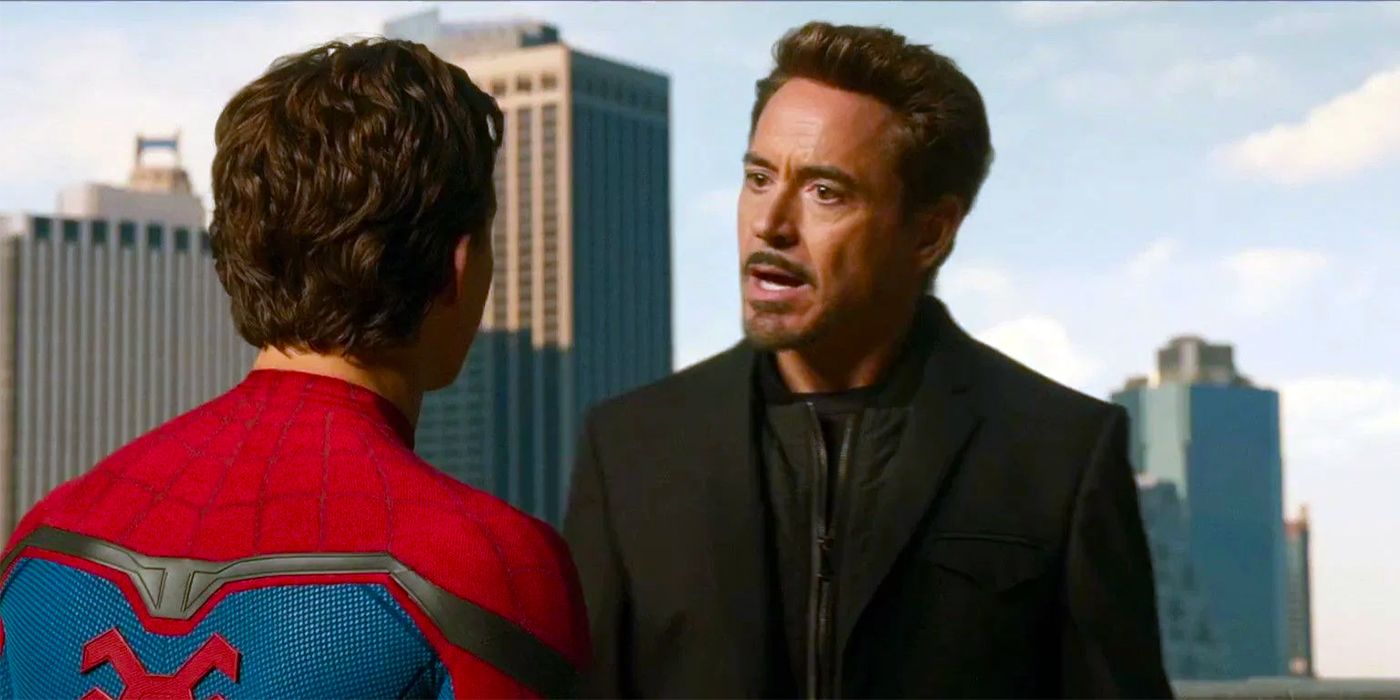 Peter Parker speaks to Tony Stark on a rooftop