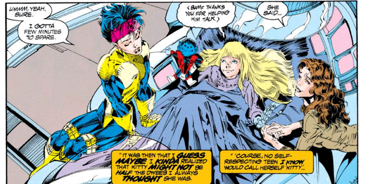 Jubilee and Kitty Pryde next to a dying Illyana Rasputin in Marvel Comics