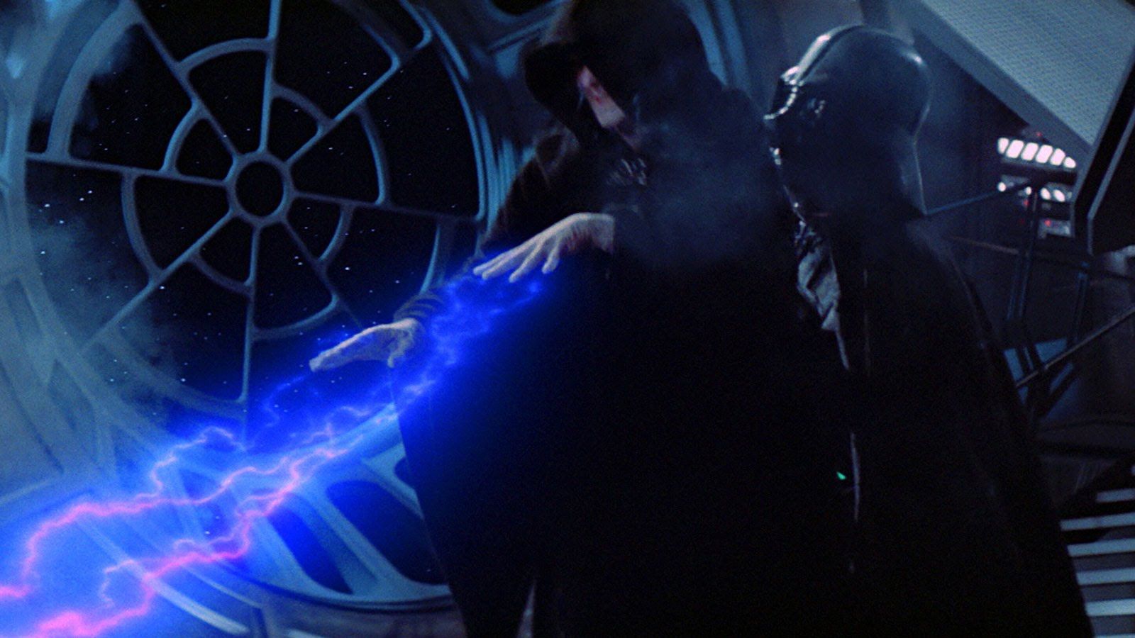 Darth Vader carrying Emperor Palpatine to the reactor shaft.