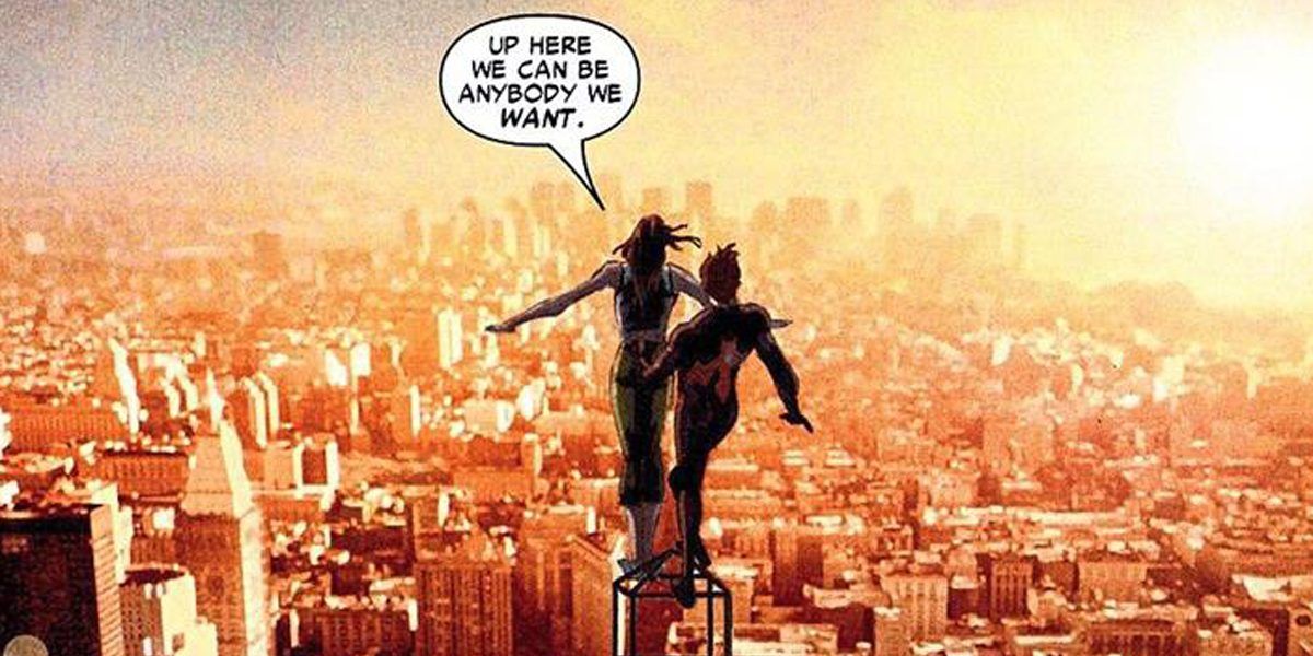 Spider-Man and Mary Jane Watson looking over the city from The Sensational Spider-Man (2006) Annual #1.