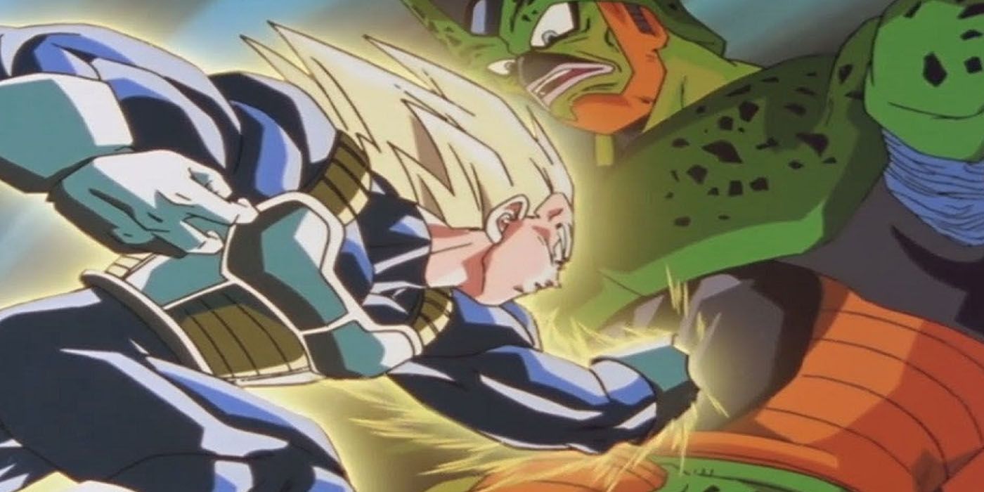 Super Vegeta punches Semi-Perfect Cell in the stomach in Dragon Ball Z