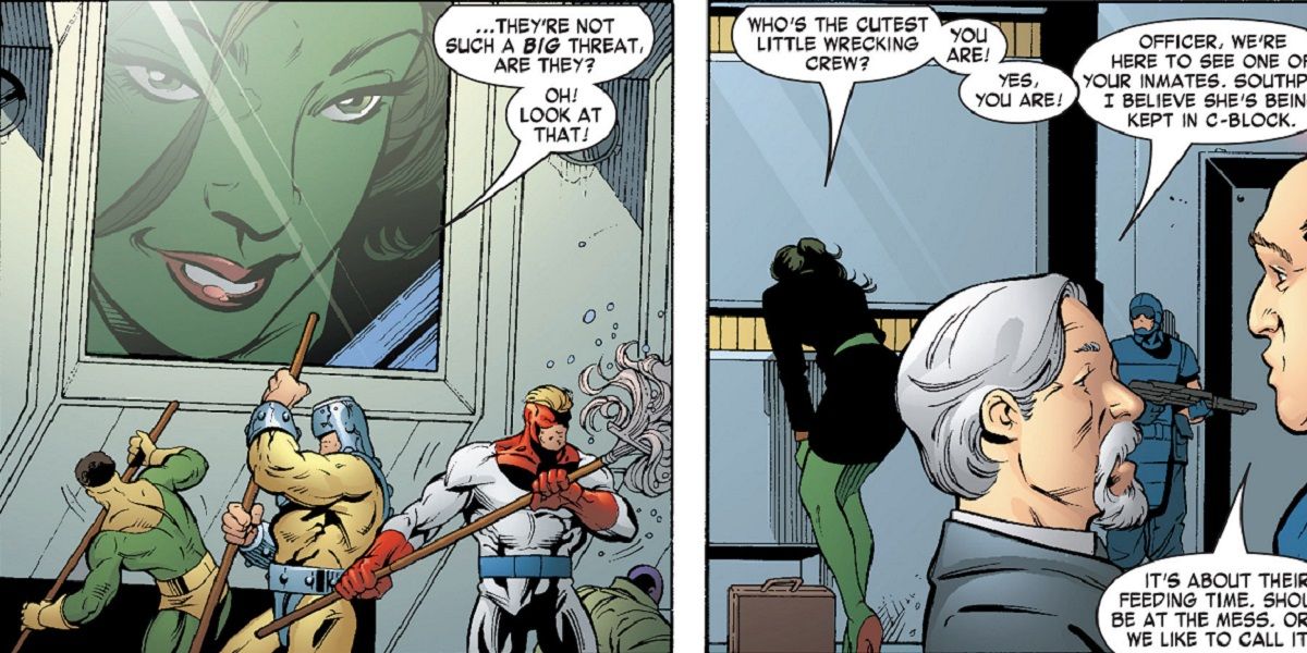 She-Hulk looking at the Wrecking Crew imprisoned in the Big House in Marvel Comics.