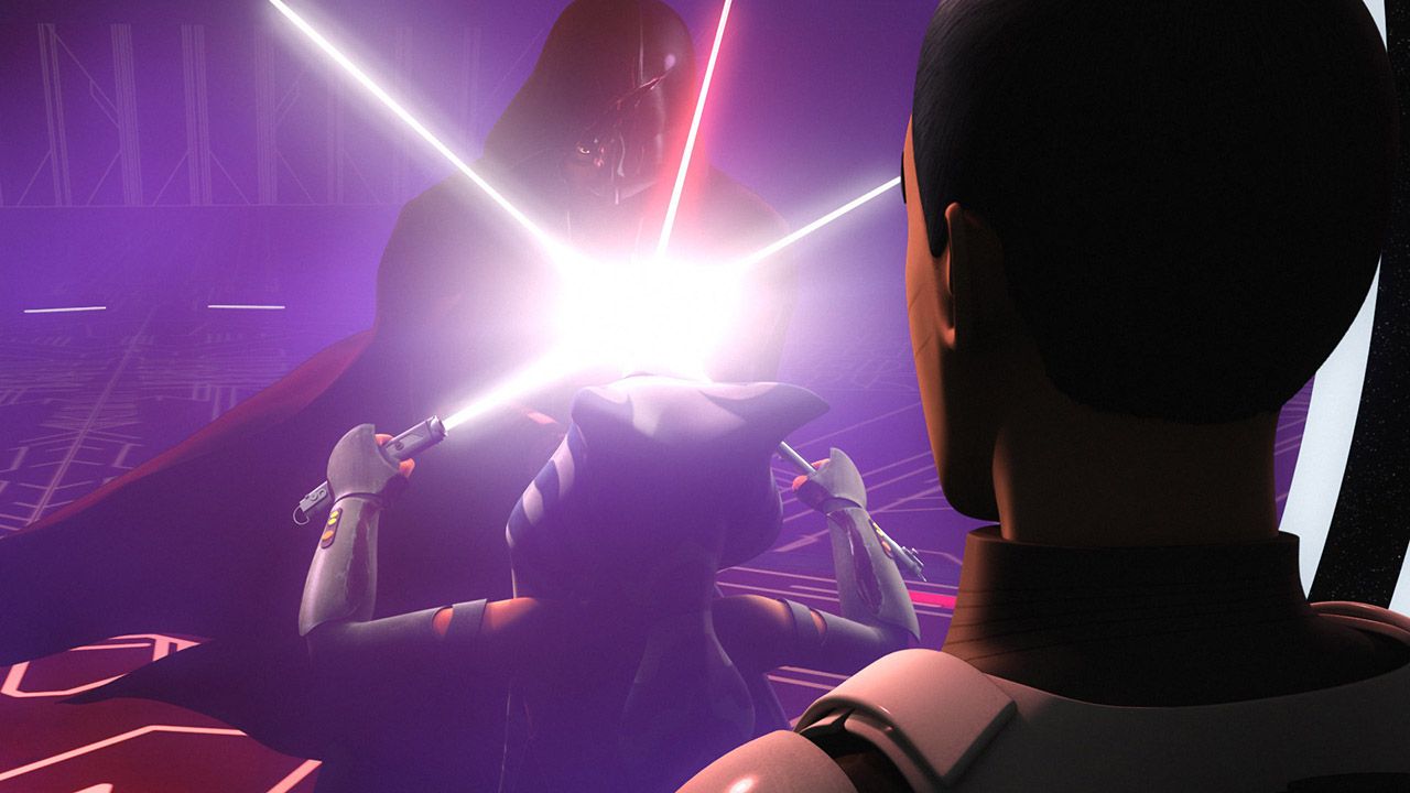 Ezra Bridger watches Ahsoka Tano fight Darth Vader in Star Wars Rebels A World Between Worlds