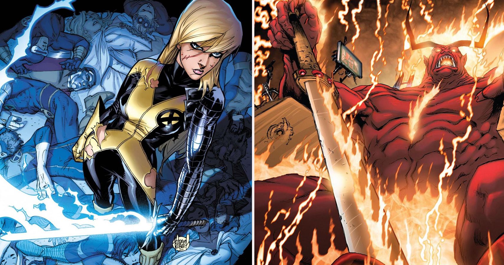 A split image of Magik and Surtur the fire giant from marvel comics
