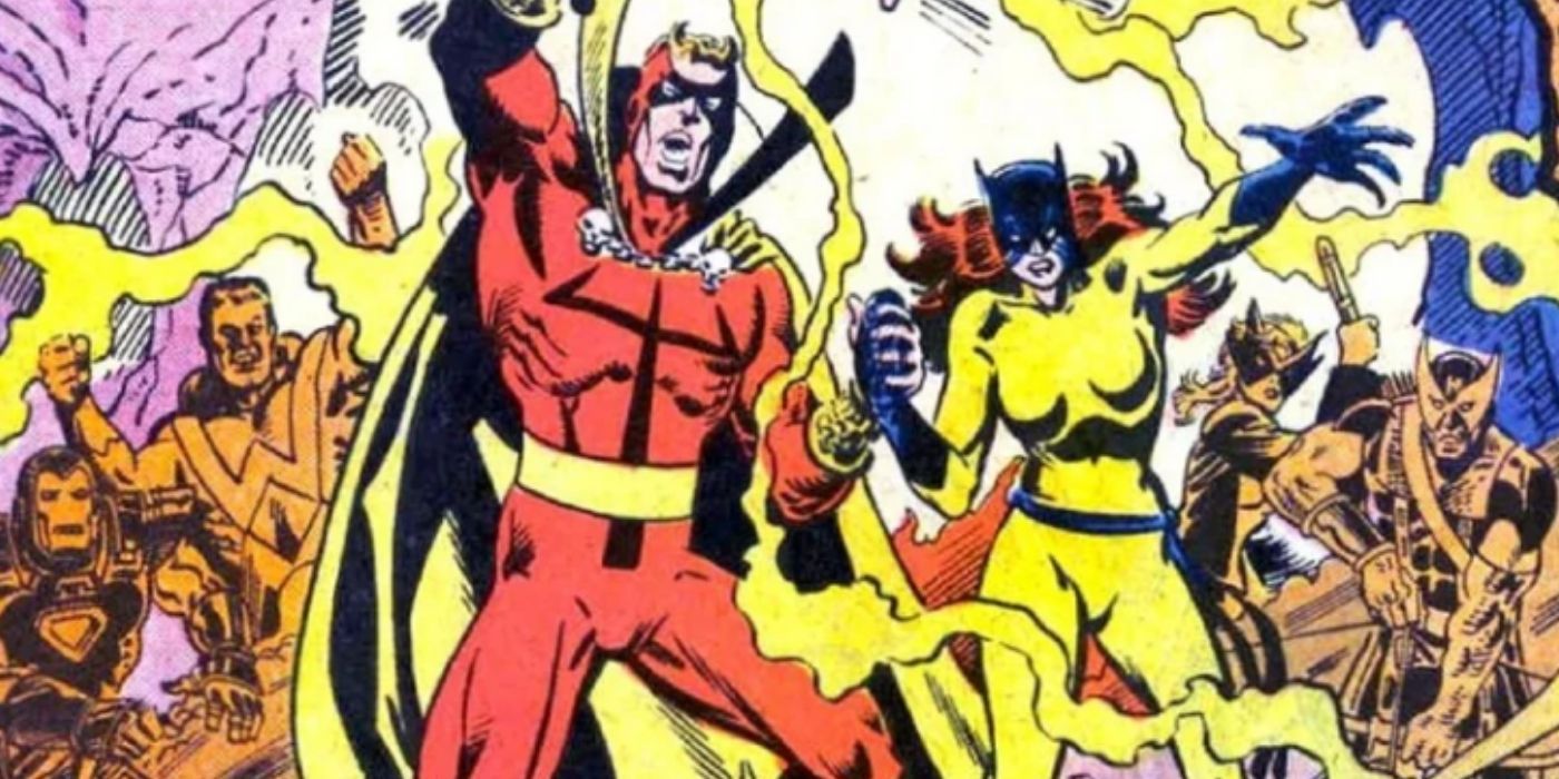 Daimon Hellstrom and Hellcat standing among the Avengers