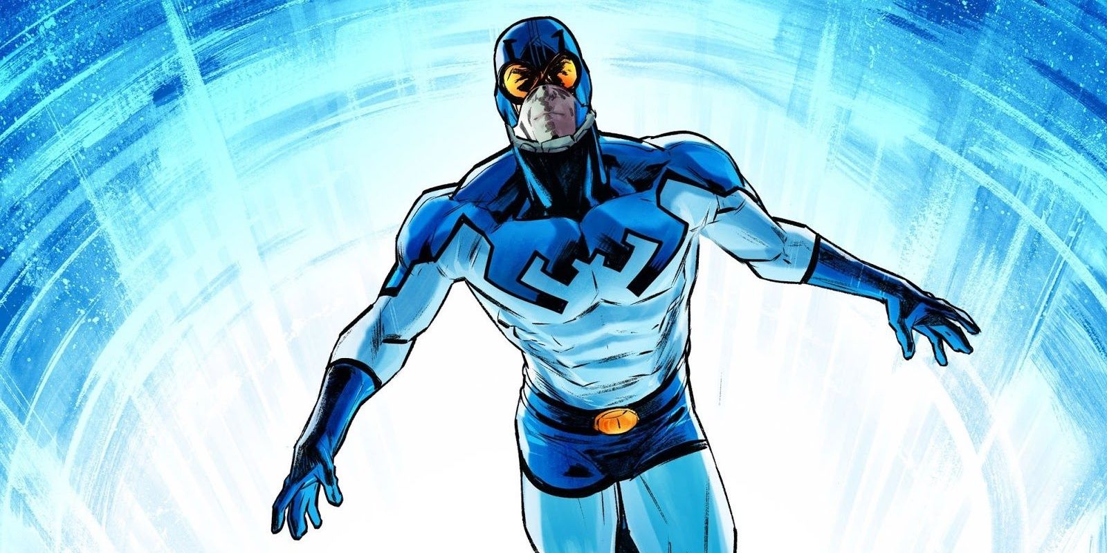 Ted Kord aka Blue Beetle emerging from a portal in DC Comics