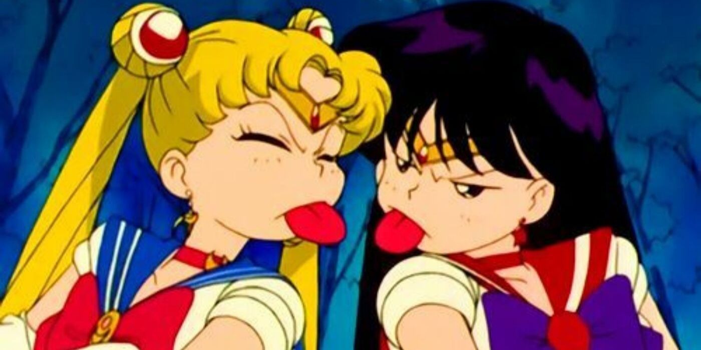 Rei and Sailor Moon sticking out their tongues while they argue.