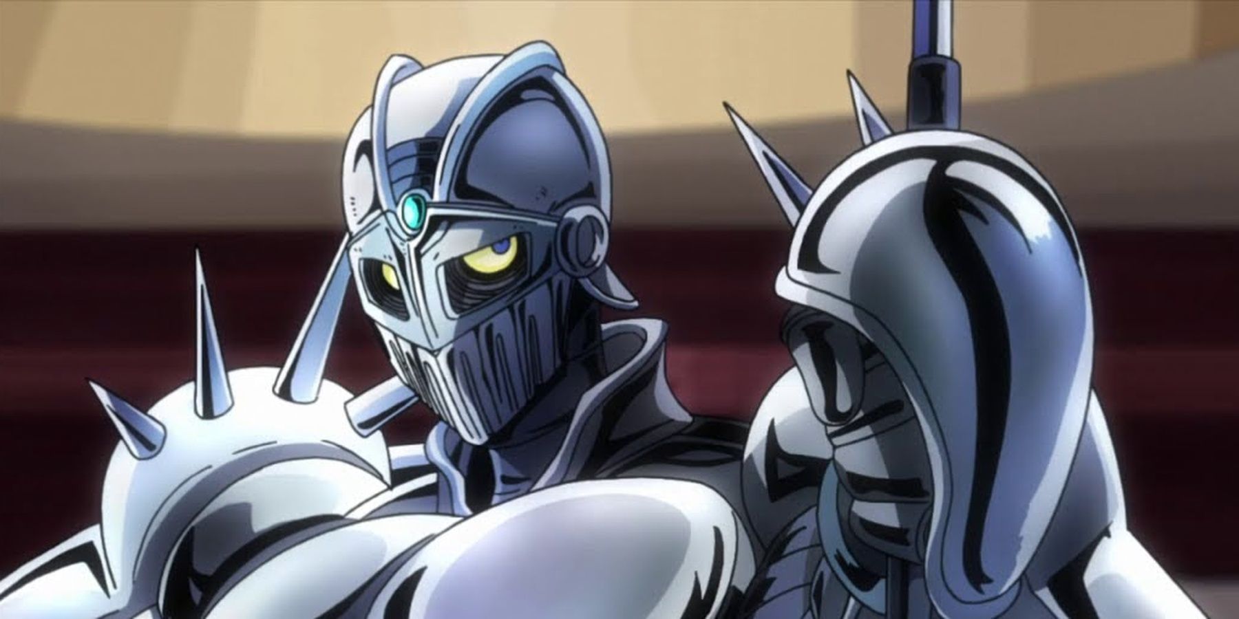 Silver Chariot raises its rapier in Jojo's Bizarre Adventure.