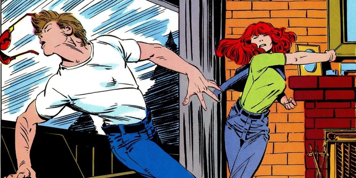 Madelyne Pryor hitting Cyclops as his glasses fly off