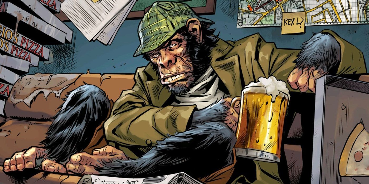 Detective Chimp from DC Comics, sitting on a couch drinking beer.