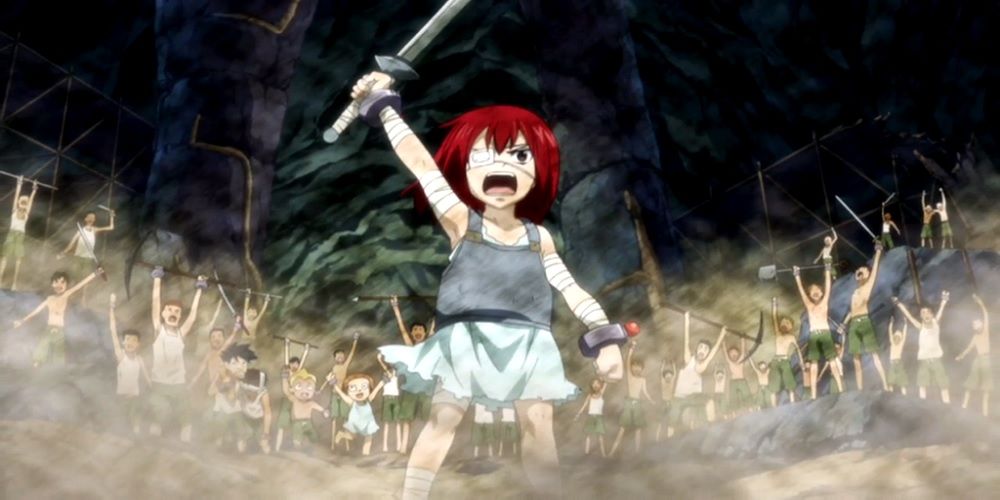 Young Erza holding up a sword triumphantly