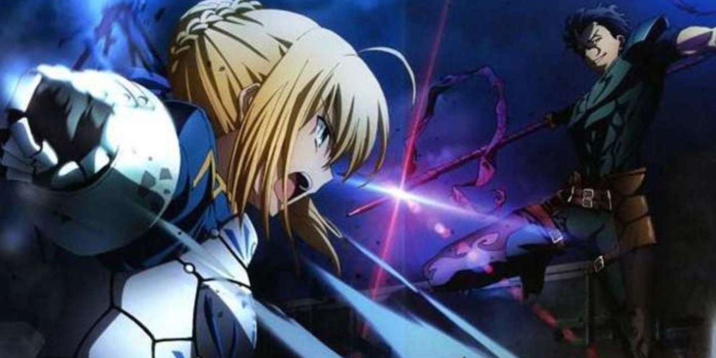 Promotional poster for Fate/Zero; two characters battling in front of a purple background.
