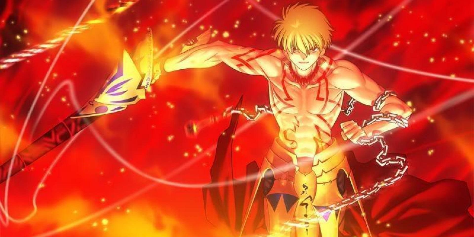 Gilgamesh in Fate/Stay Night surrounded by fire