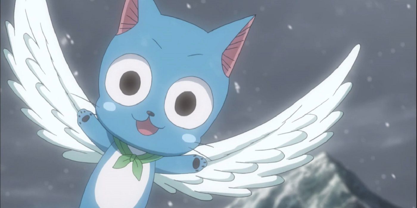 Happy from Fairy Tail flying and smiling in the snow