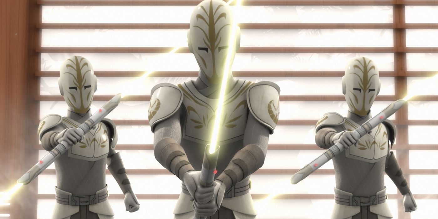 Jedi Temple Guards hold lightsabers ready for combat