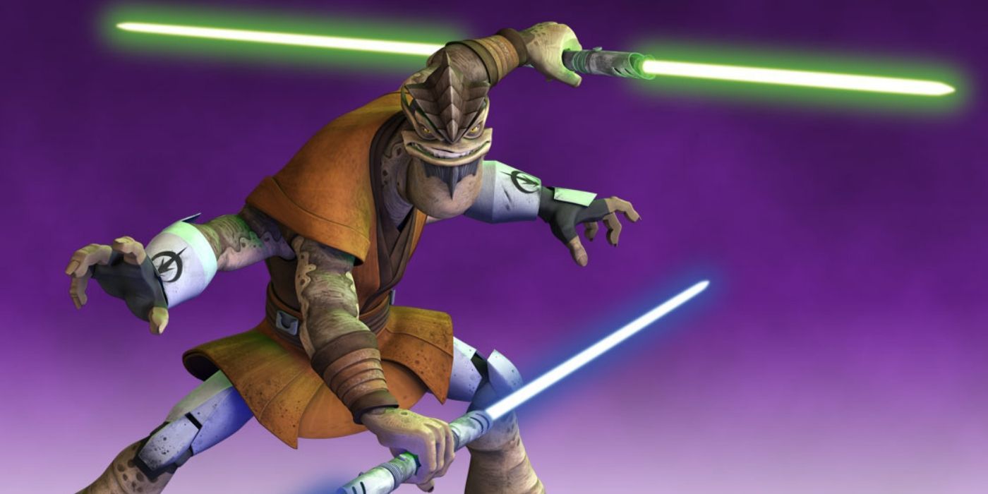 Pong Krell holding a blue lightwaber and a green double-bladed lightsaber