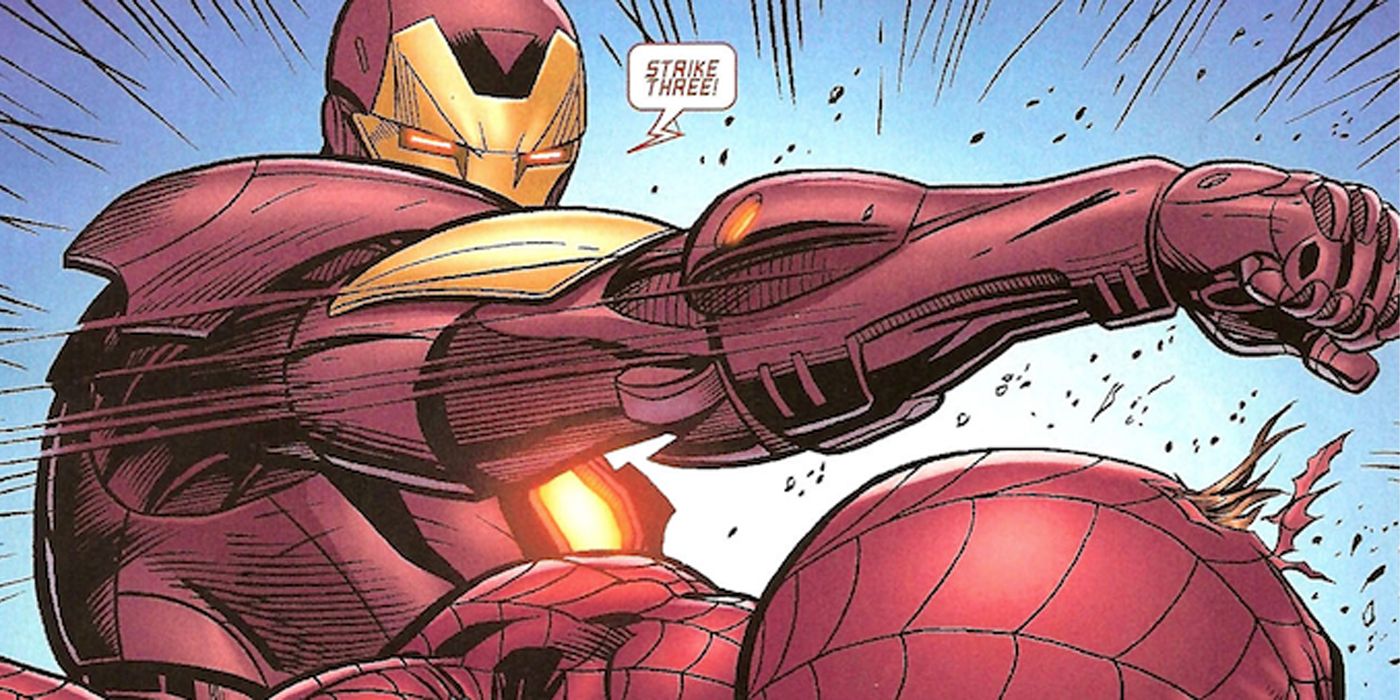 Iron man punches Spider Man