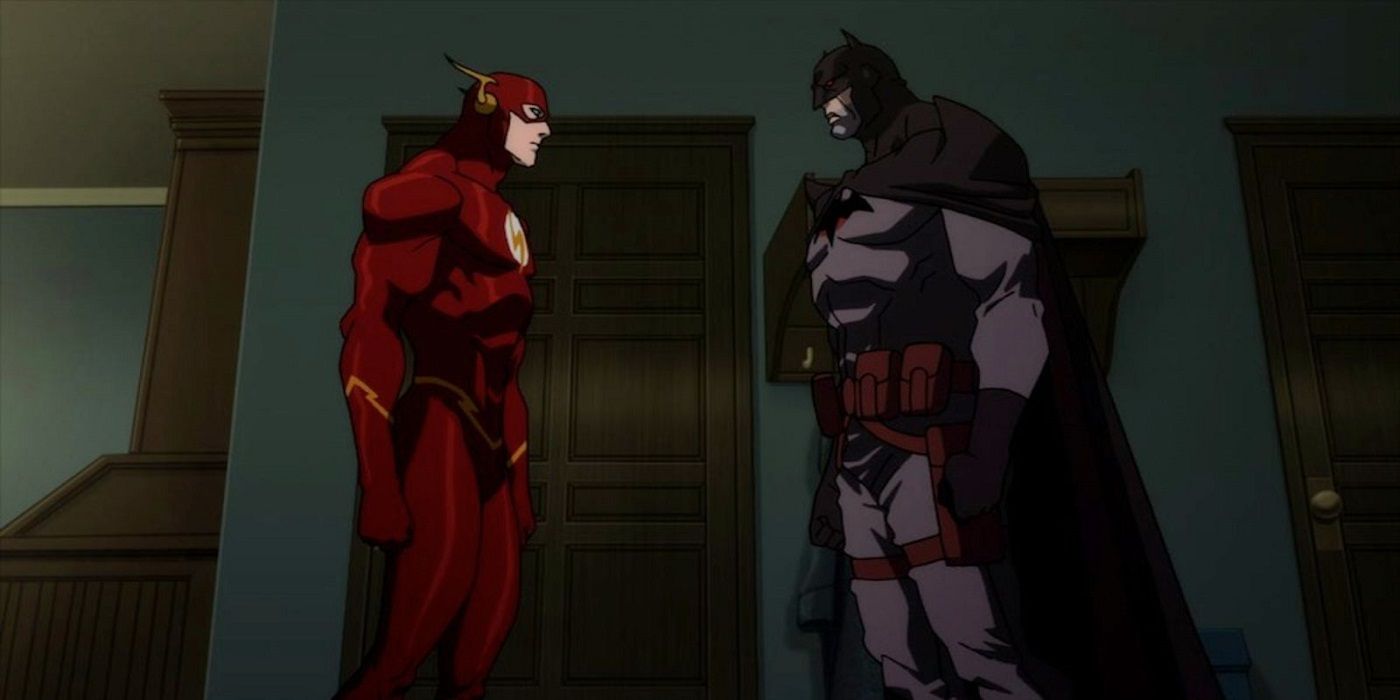 The Flash and Thomas Wayne Batman talking in The Flashpoint Paradox
