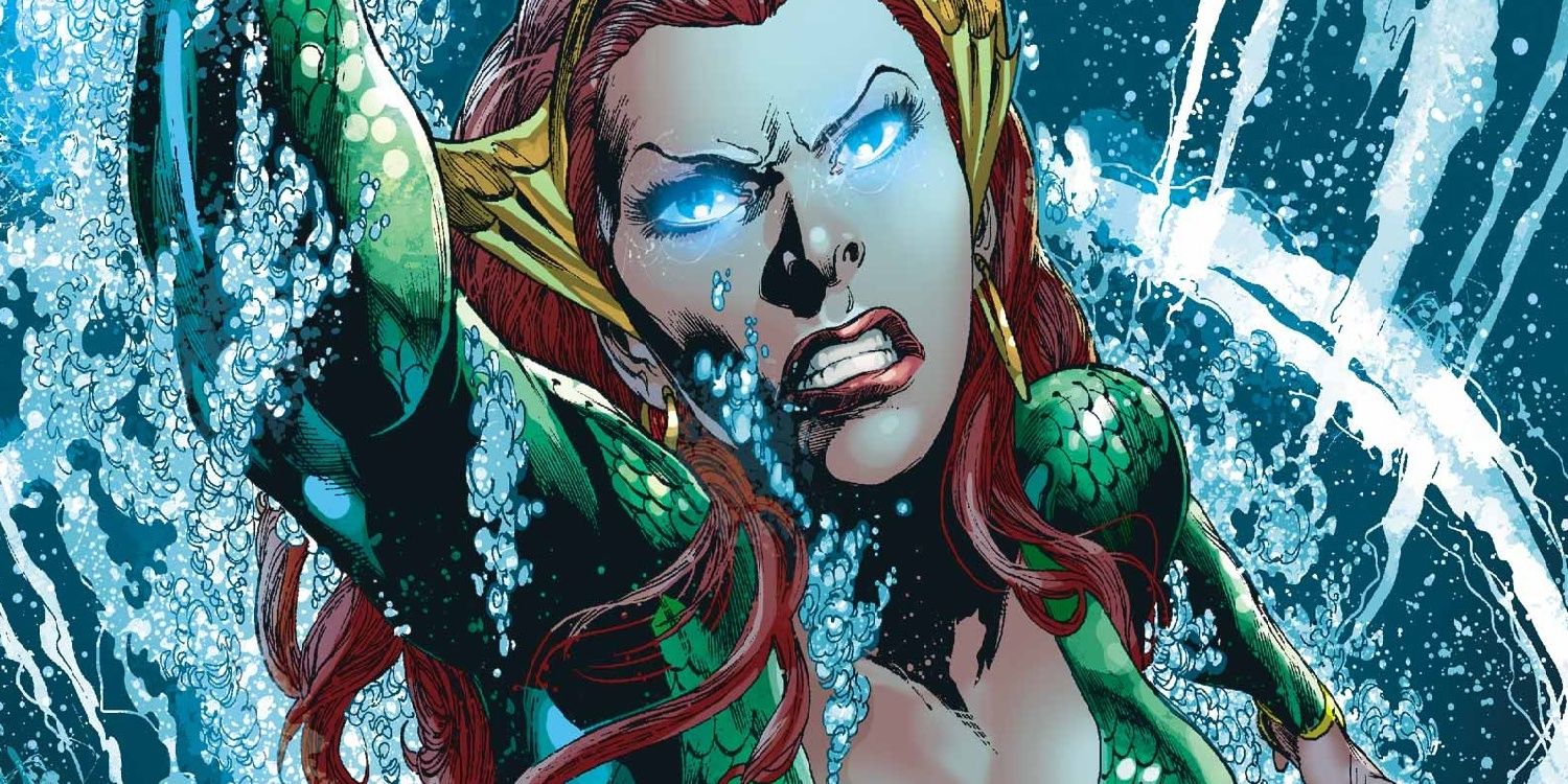 An image of Queen Mera swimming through the ocean, her eyes glowing with intensity