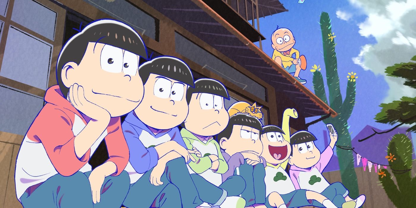 The Matsuno brothers from Mr. Osomatsu sitting together in a row.