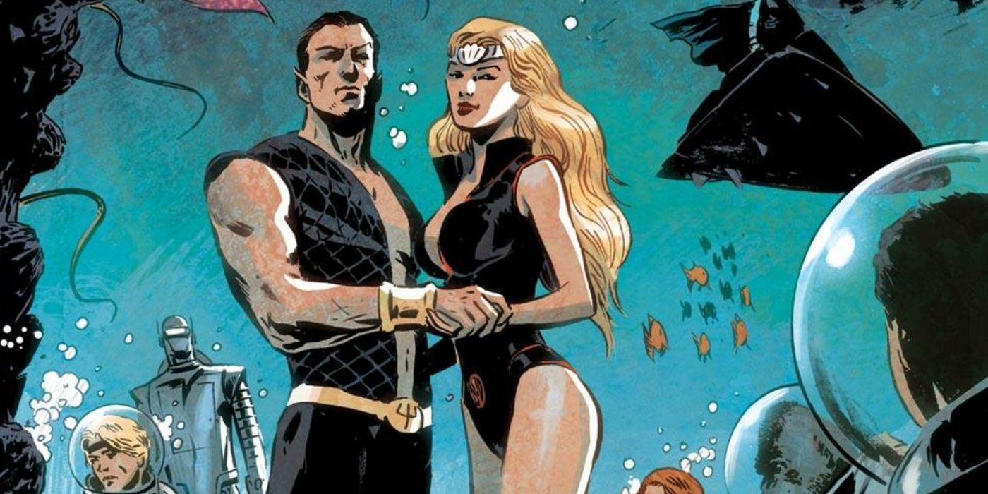 Namor and his cousin Namora welcome the Agents of Atlas to Atlantis in Marvel Comics