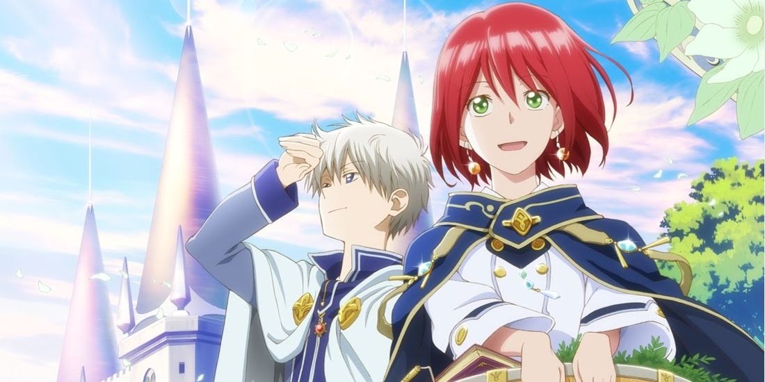 The two leads, Zen and Shirayuki, in Snow White With The Red Hair in front of a castle.