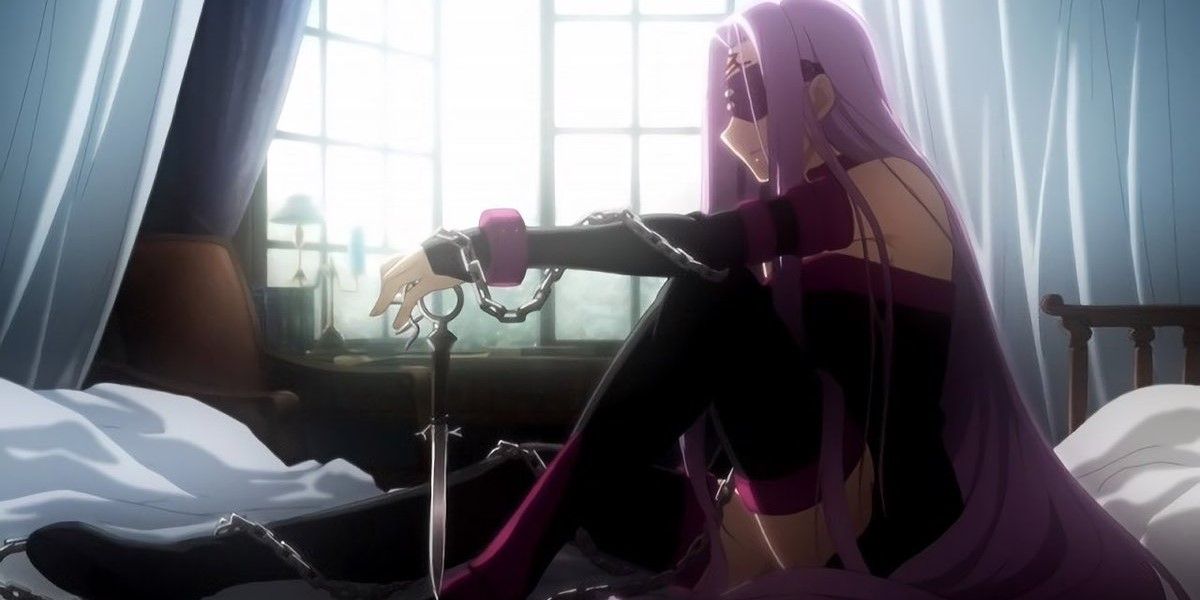 Rider from fate/stay night sitting in bed with a sword