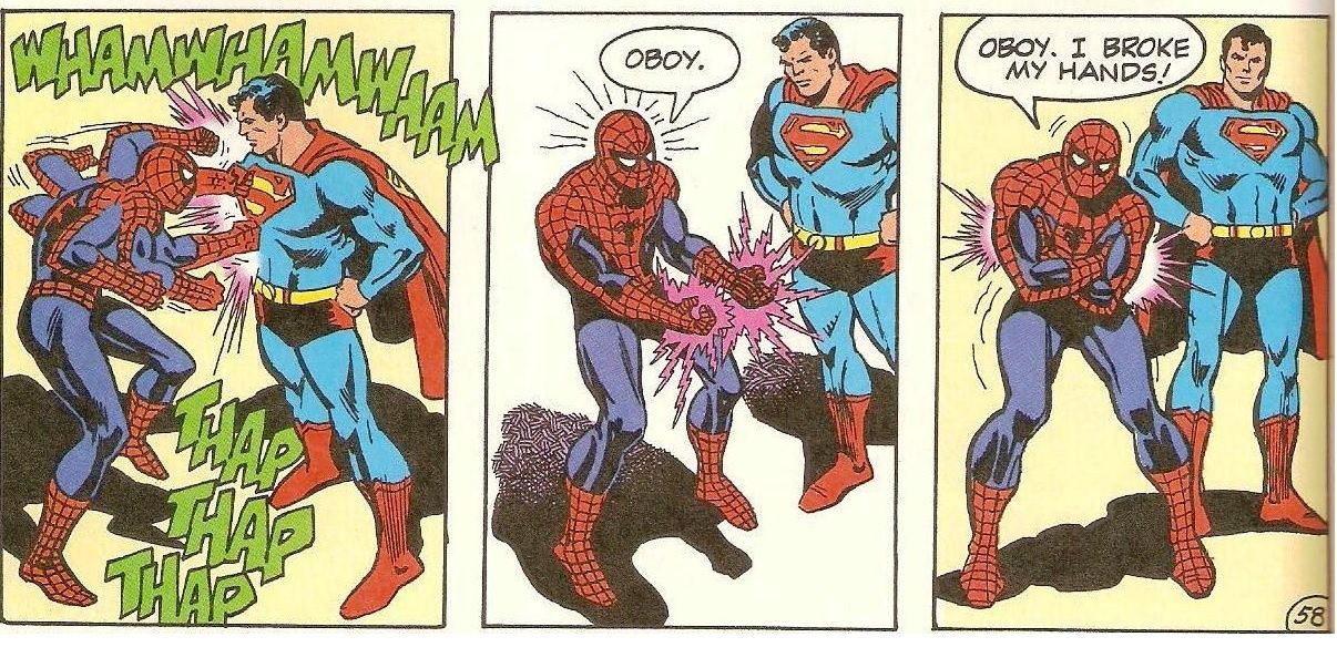 Spider-Man getting hurt from punching Superman's chest from Marvel/DC crossover comic.