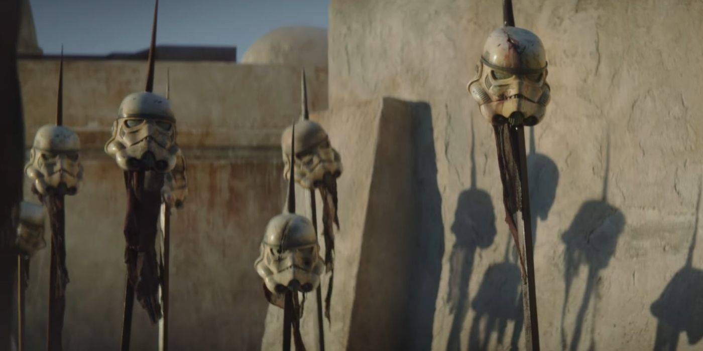 Stormtrooper Helmets are put on stakes as trophies in The Mandalorian Season 3