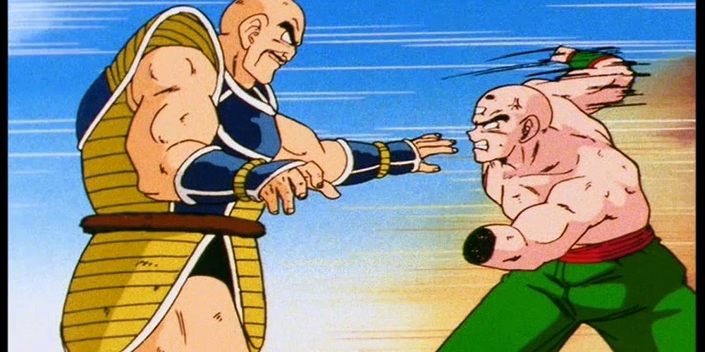 Tien, with one arm, fights against Nappa in Dragon Ball Z