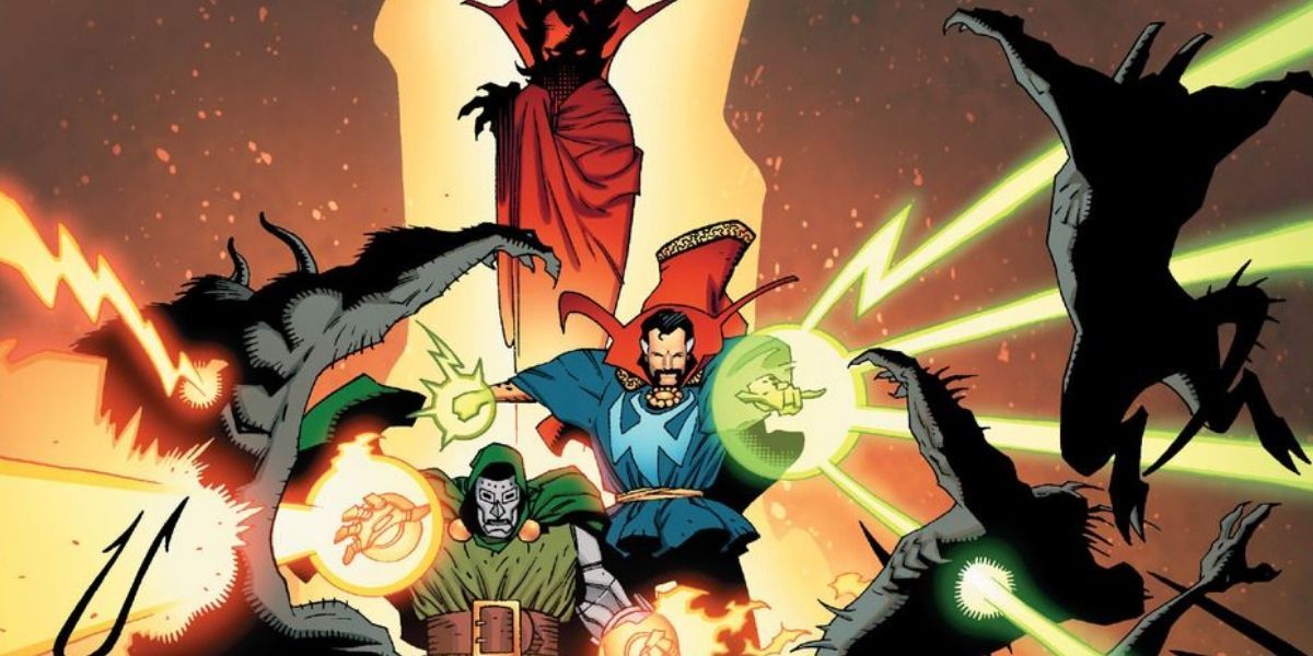 Doctor Doom, Doctor Strange, and Mephisto destroy demons in Marvel Comics