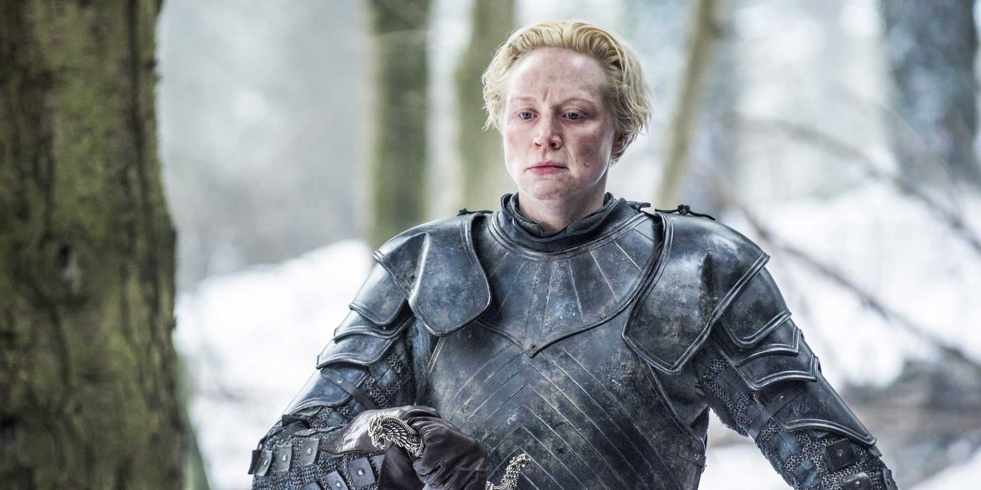 Game of Thrones' Brienne of Tarth wearing her armor in the forest