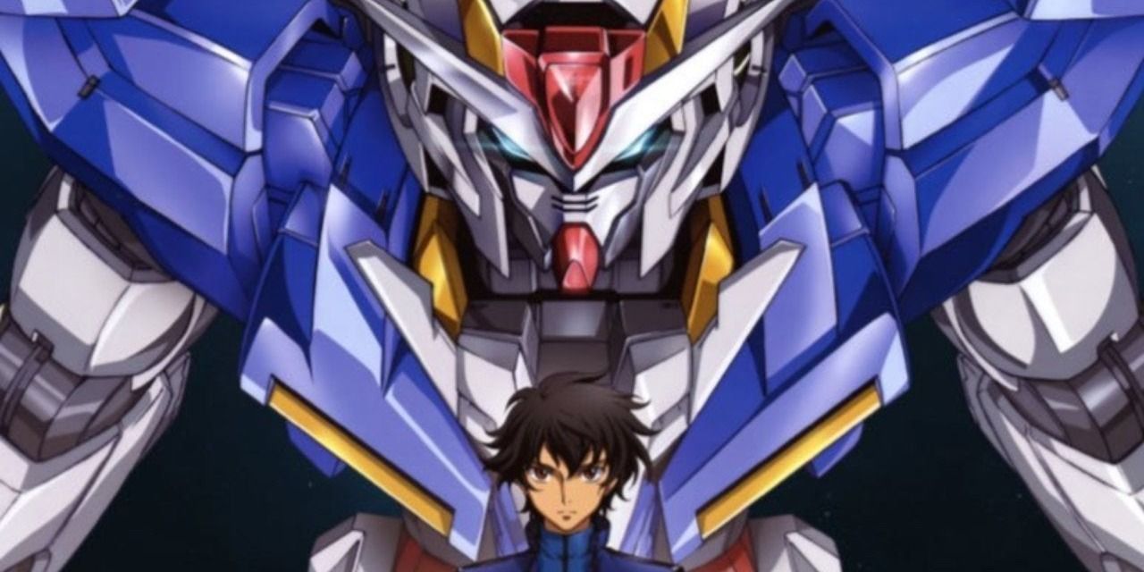 Setsuna standing in front of his Gundam from the Mobile Suit Gundam 00 anime