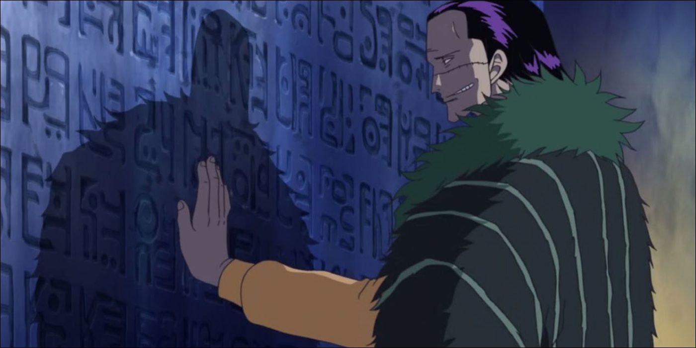 Crocodile, one of the Seven Warlords of the Sea, places his hand on a Rio Poneglyph during One Piece's Alabasta Kingdom Arc