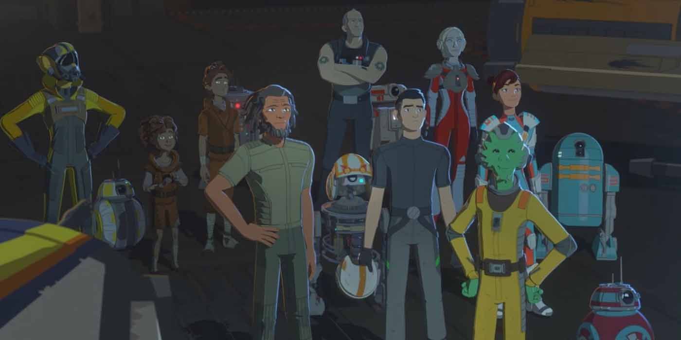 The characters in Star Wars Resistance stand together in a hangar
