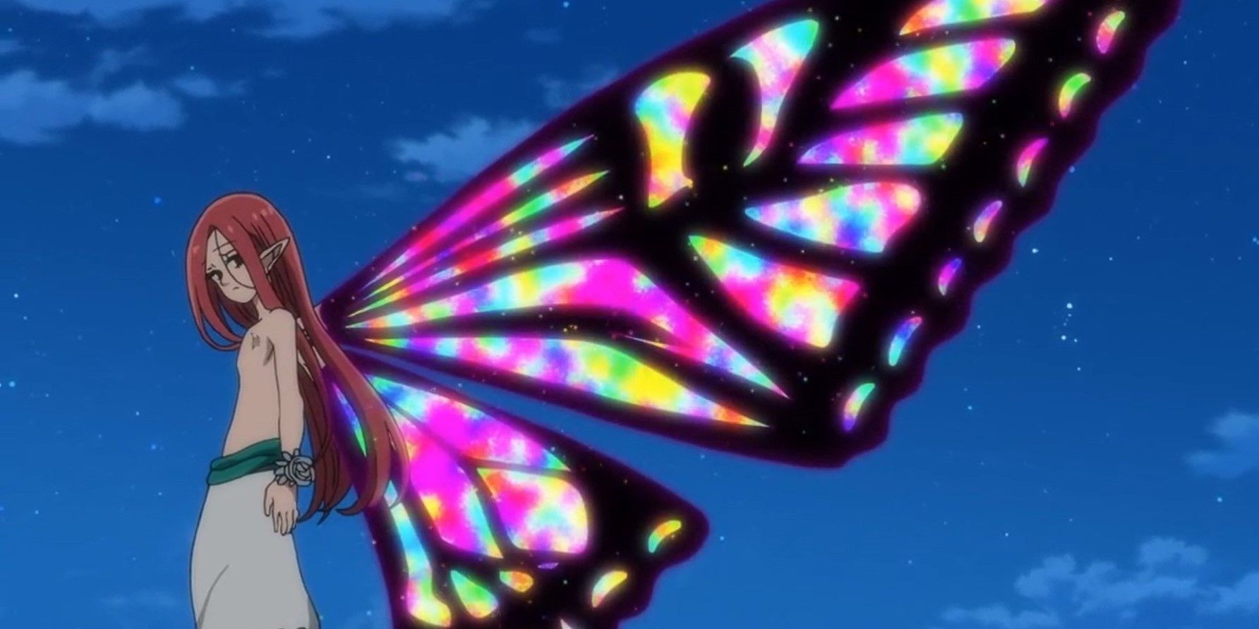 Gloxinia hovers in the sky while sporting rainbow-colored butterfly wings in The Seven Deadly Sins