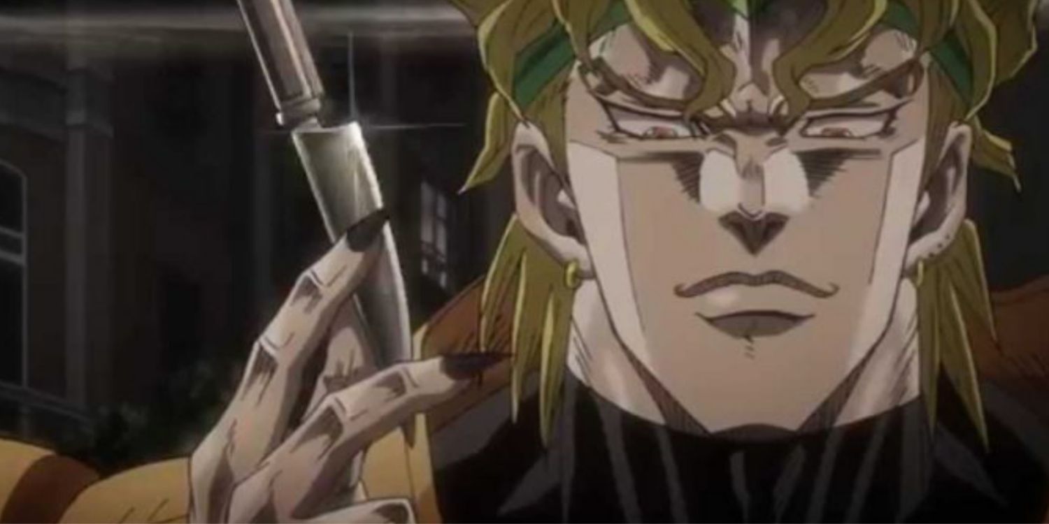 Dio Brando holding the blade of a knife in JoJo's Bizarre Adventure. 