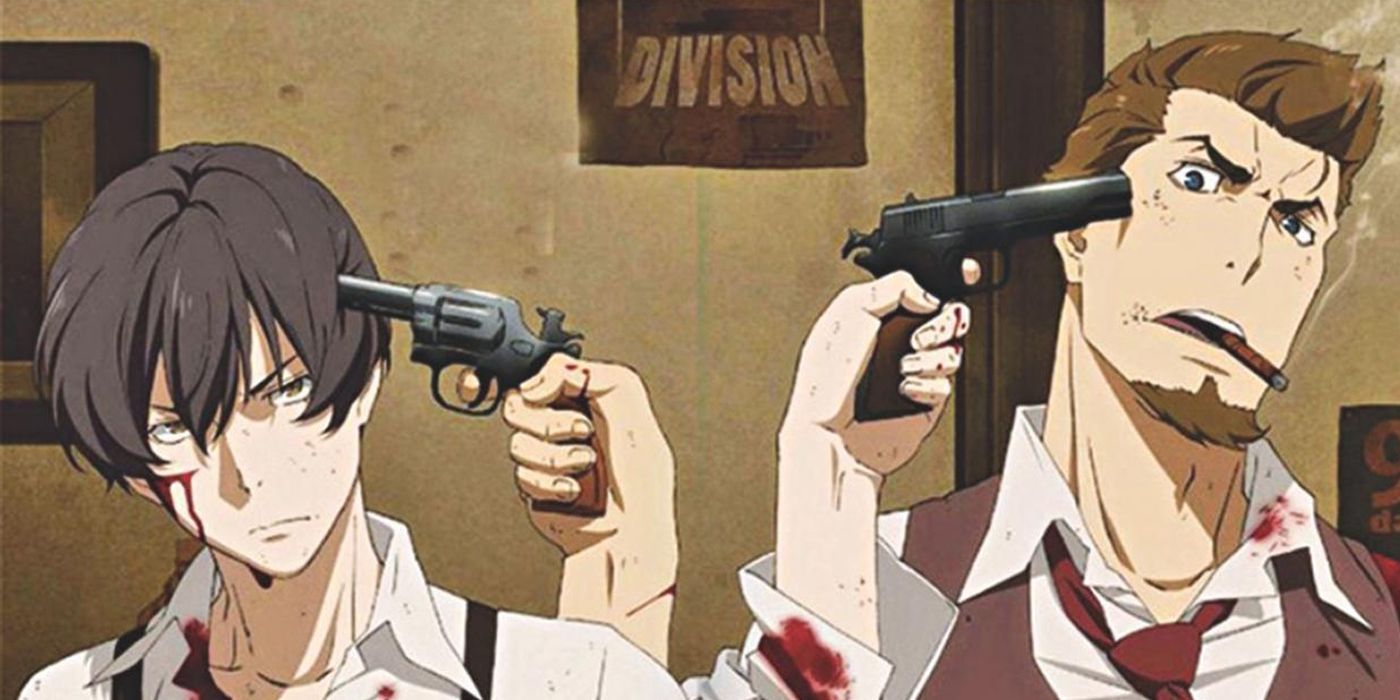 Two characters from 91 Days holding pistols to each other's heads. 