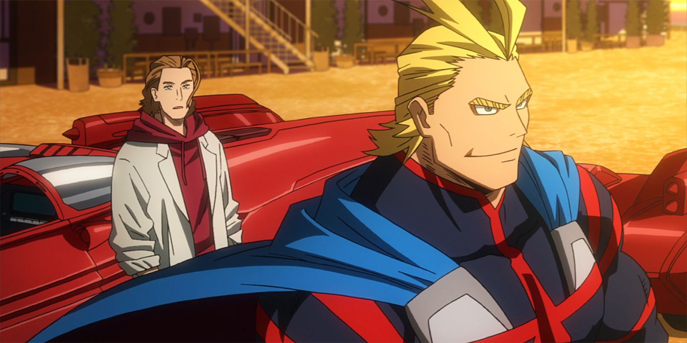 young all might standing in front of a vehicle in my hero academia