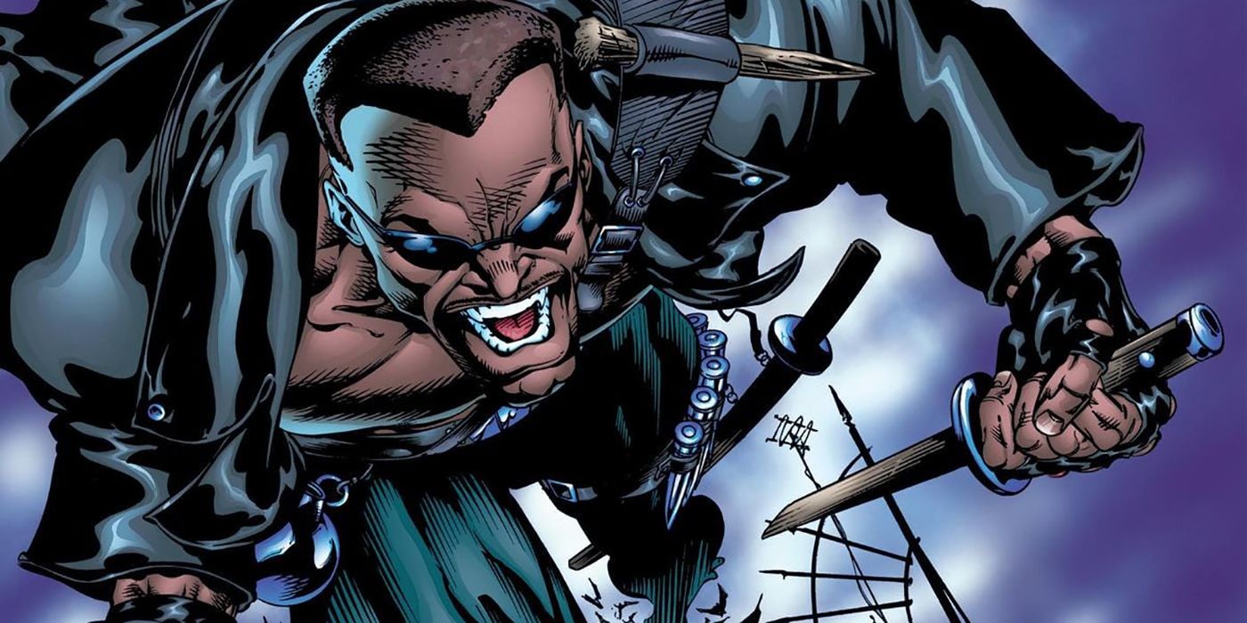 Blade lunges froward with a stake in hand in a page from Marvel Comics.
