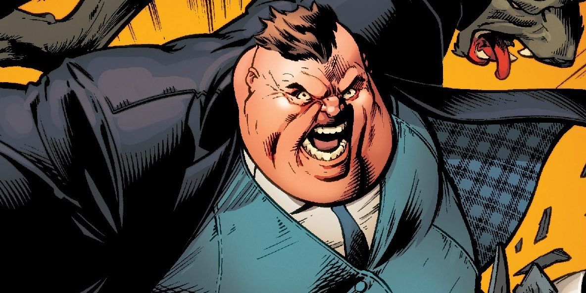 An image of Blob smashing through objects while wearing a black suit in Marvel COmics