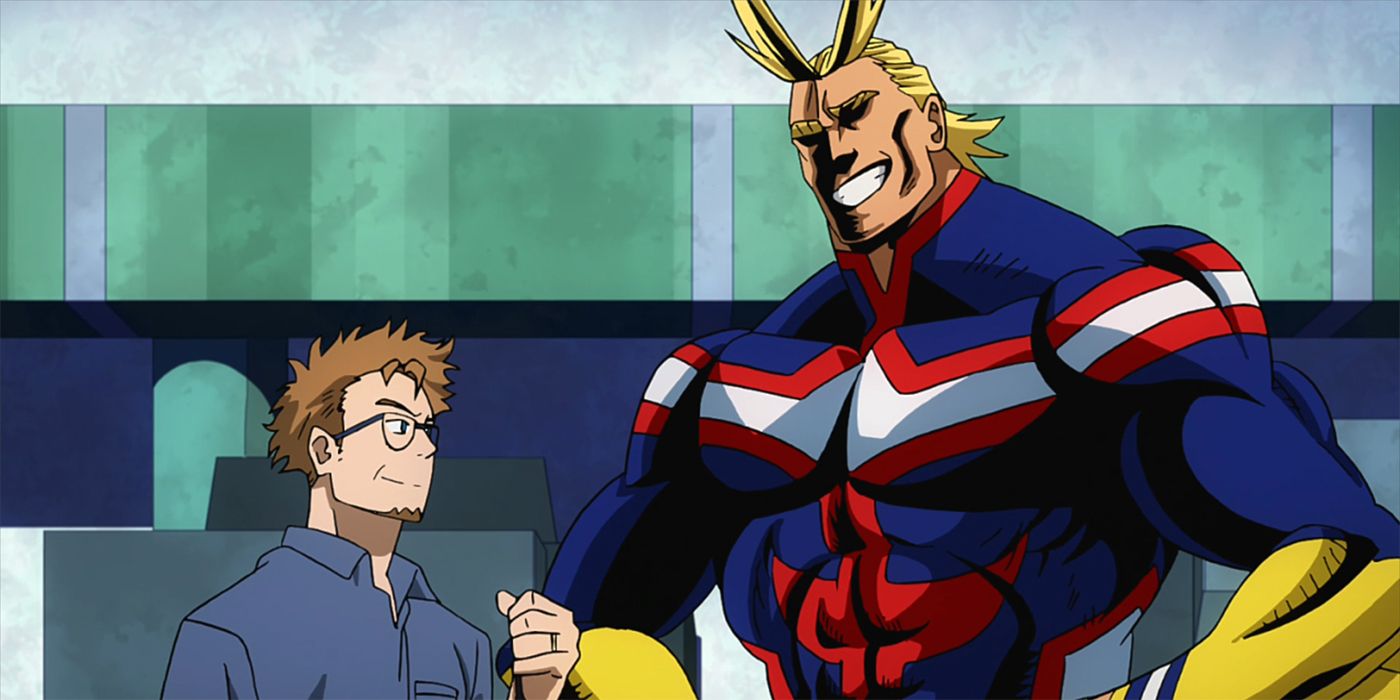 all might from my hero academia standing by a civilian and smiling
