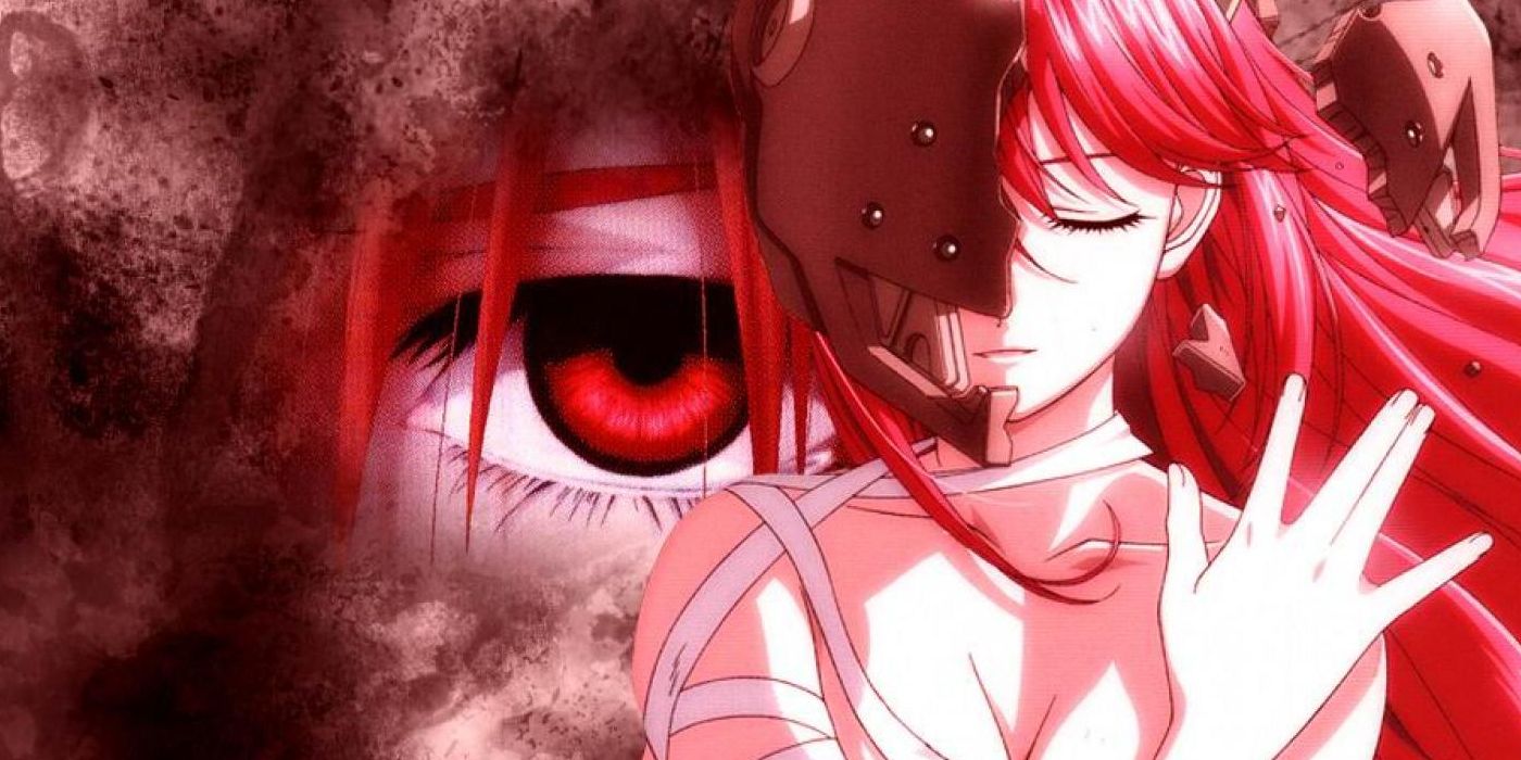 A girl from Elfen Lied wearing bandages with her eyes closed in front of a picture of an eye