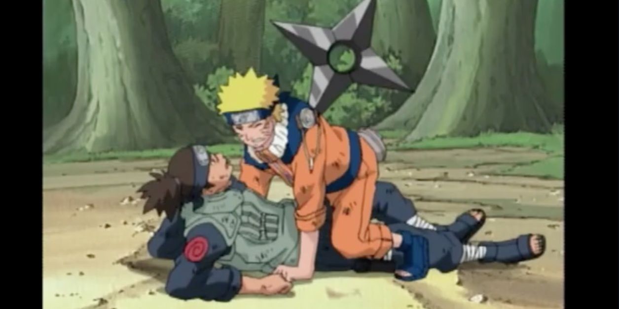 Naruto saving Iruka by taking a shuriken in the back in Naruto episode 147
