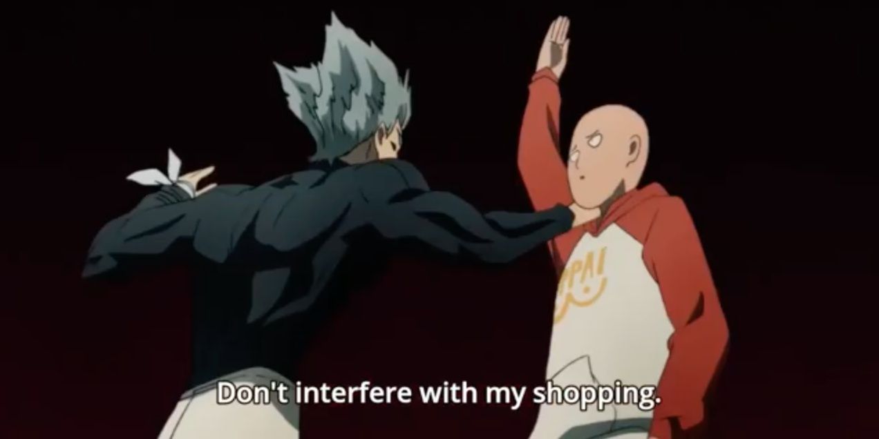 Saitama karate chopping Garou after he interrupts his shopping