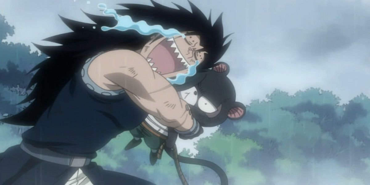 Gajeel crying and hugging Thunderlily with joy in Fairy Tail