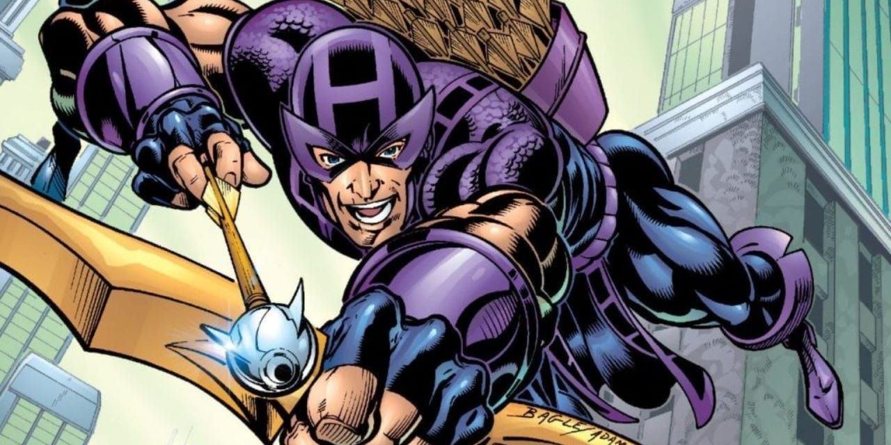 Hawkeye leaps through the air, preparing to fire an arrow in Marvel comics
