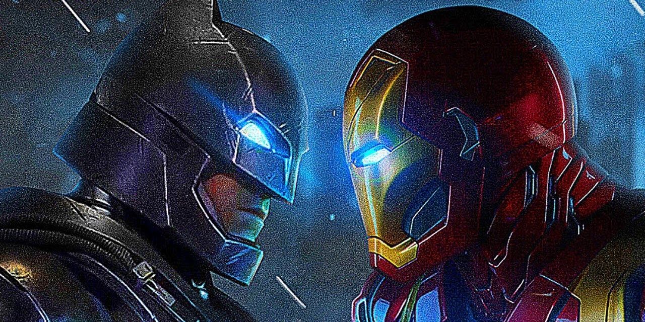 Iron Man and Batman staring at each other before a battle using their suits